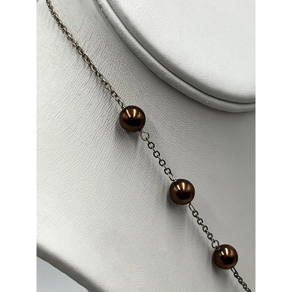 Round Chocolate Brown Freshwater Tin Cup Pearl Sterling Silver Link Necklace 16
